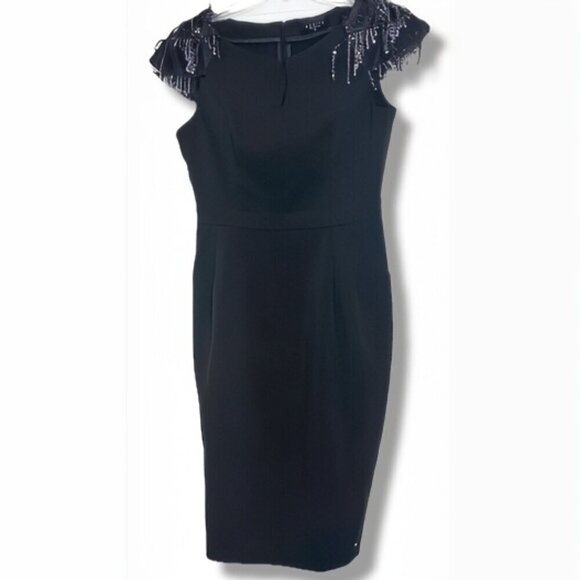 Mohito Black Cap Sleeve Mid Length Cocktail Lined Dress Sequin Shoulder Tassles - Picture 3 of 8